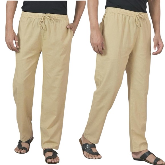New Men’s Sir7 Beige Linen Cotton Pull On Drawstring Pants Wide Straight Leg LRG - Picture 1 of 13